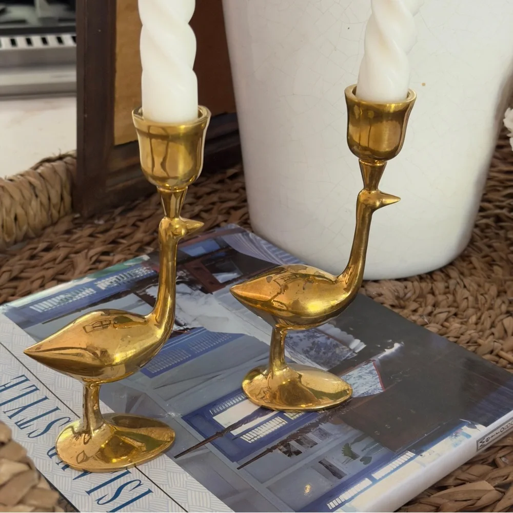 Jonathan Adler Ostrich Solid Brass Candle Holder Set of 2 Bird Contemporary